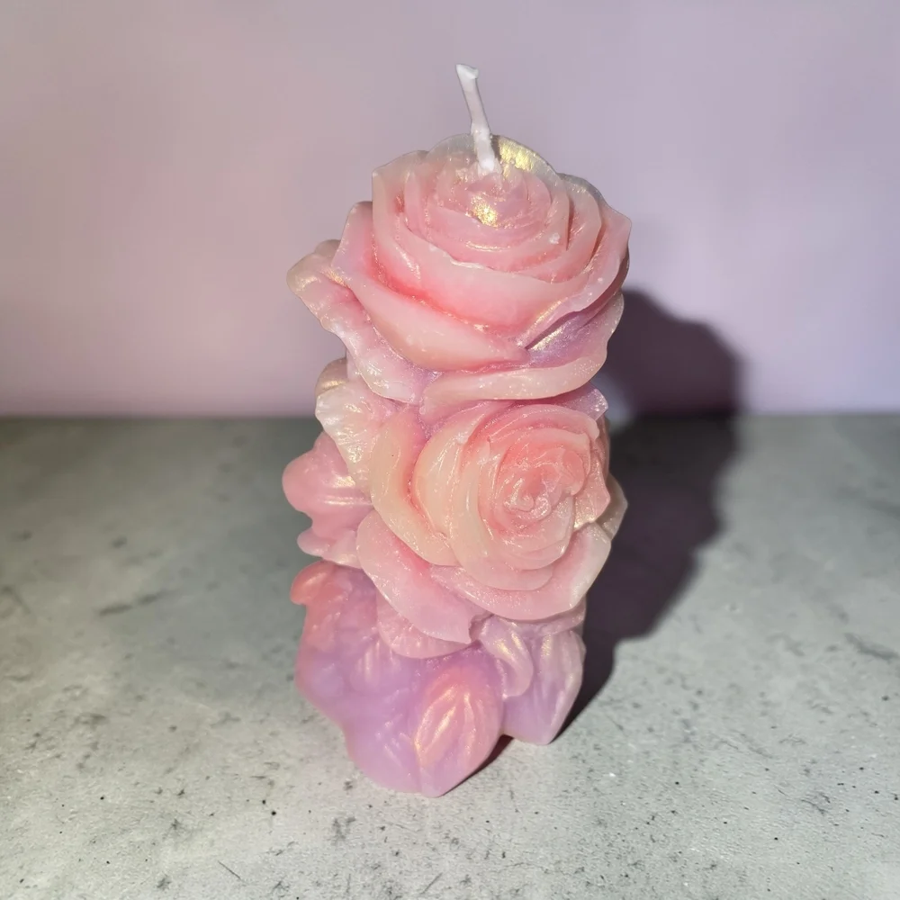 Handmade Pink Rose Pillar Candle – 100% Beeswax Floral Sculpture – Iridescent